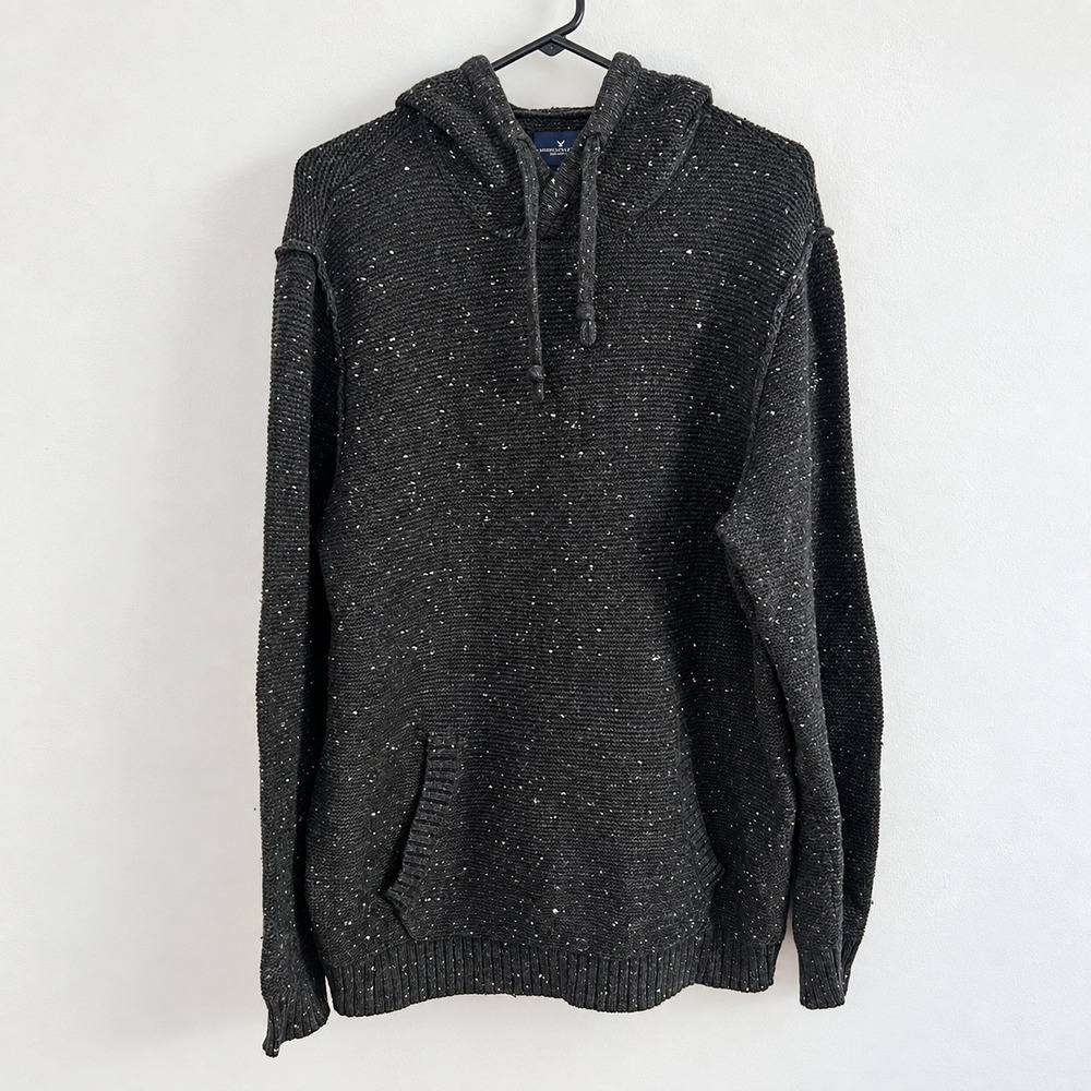 American Eagle Mens Black Speckle Sweater Hoodie Kangaroo Pocket Large Tall Flaw